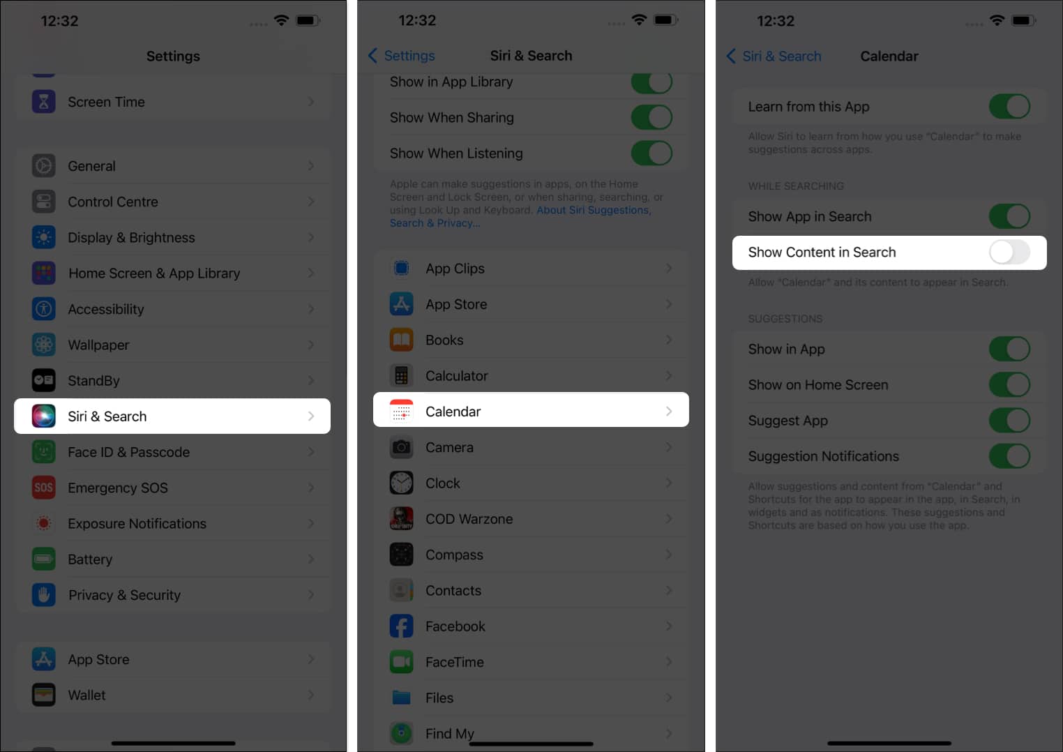 Go to Siri and Search select Calendar and toggle off Show Content in Search