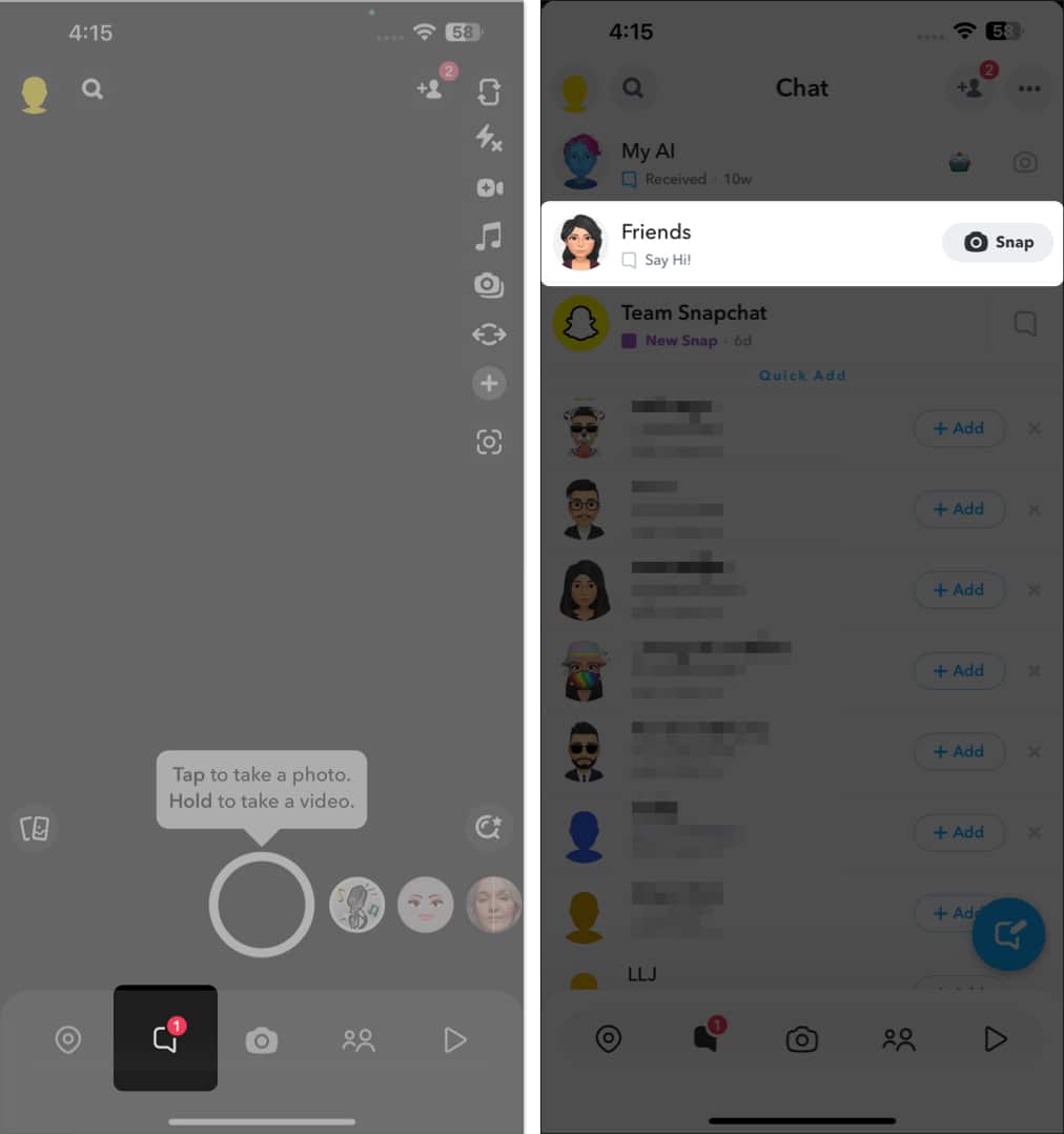Launch Snapchat tap chat icon select the friends profile