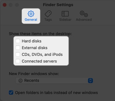 Make sure that youre on the General tab and uncheck the boxes next to things you want to hide Hard disk External disks CDs DVDs and iPods Connected servers