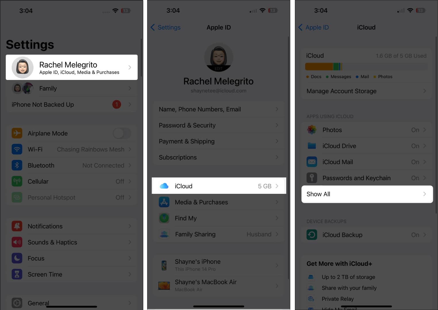 Open Settings Click on your Name Select iCloud and choose Show All
