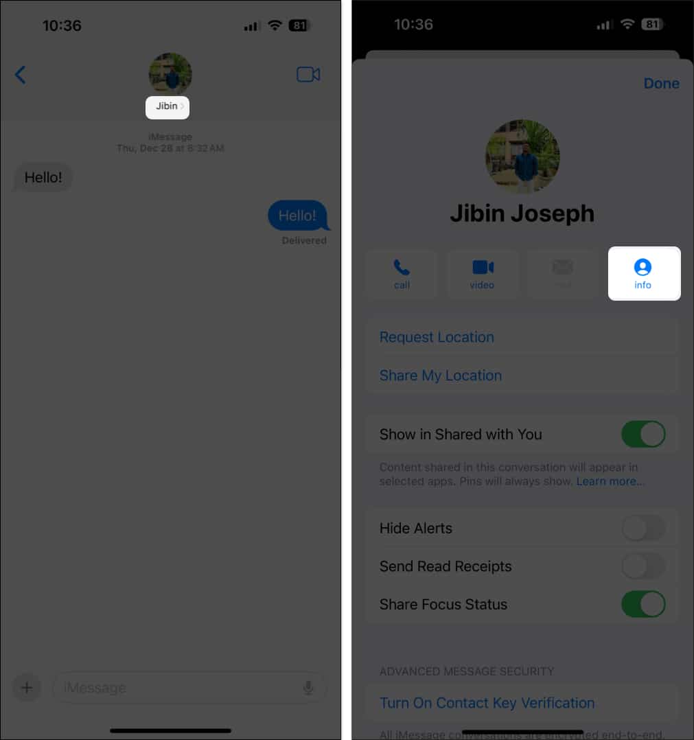 Open imessage tap on senders name and tap the info icon