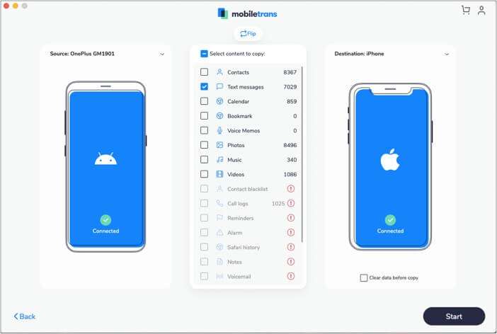 Välj meddelanden för att överföra textmeddelanden från Android till iPhone