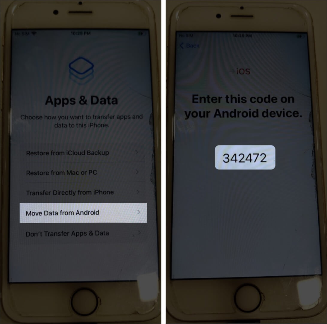 Välj Flytta data från Android och skärm kommer att visa kod på iPhone