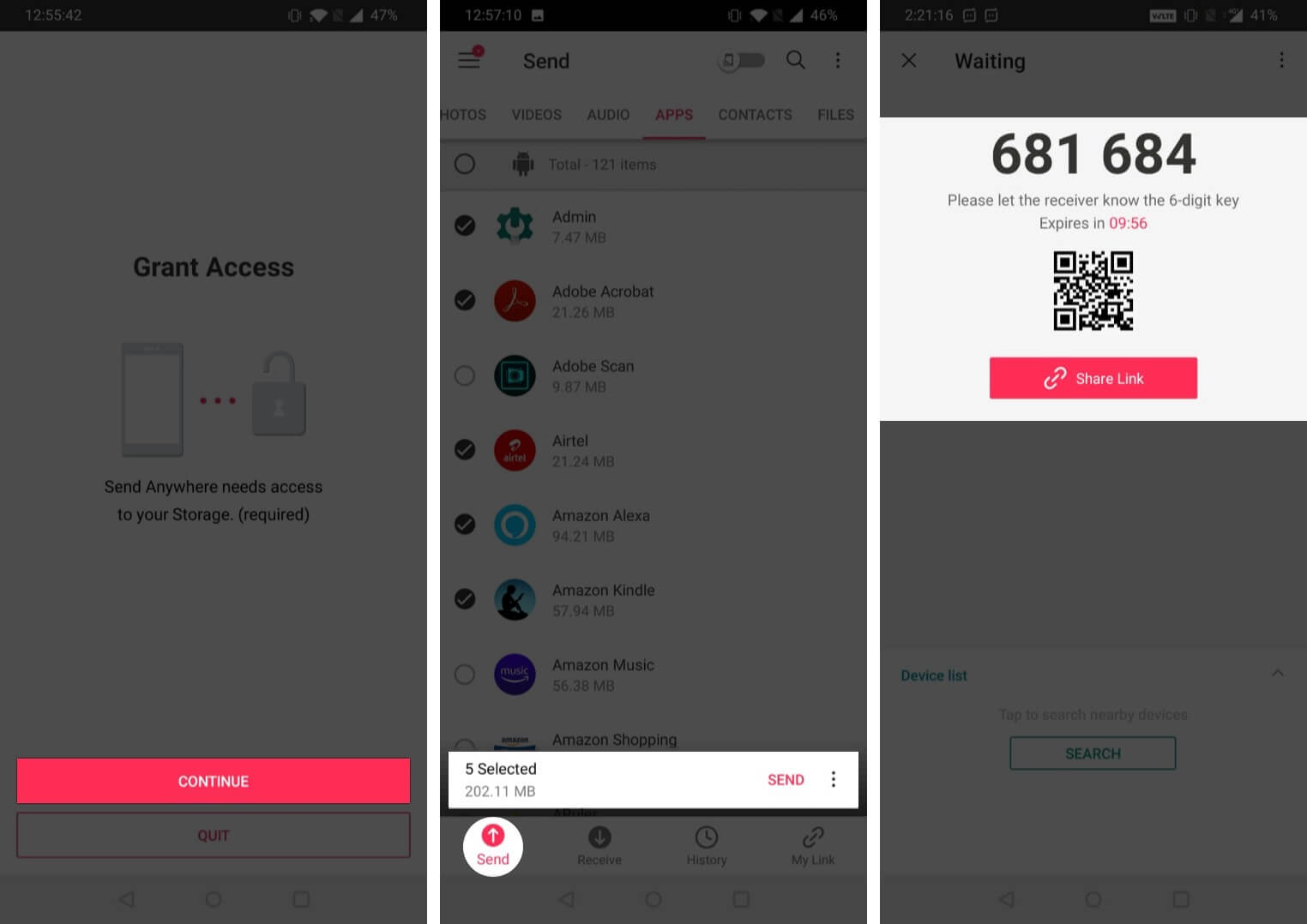 Välj filer du vill överföra och tryck på Skicka in Skicka var som helst app
