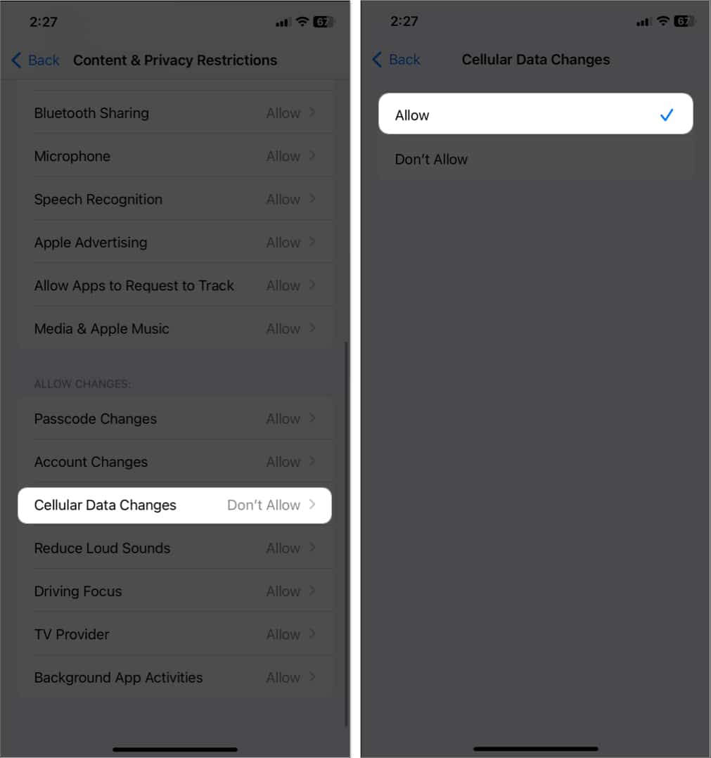 tap cellular data changes select allow in settings