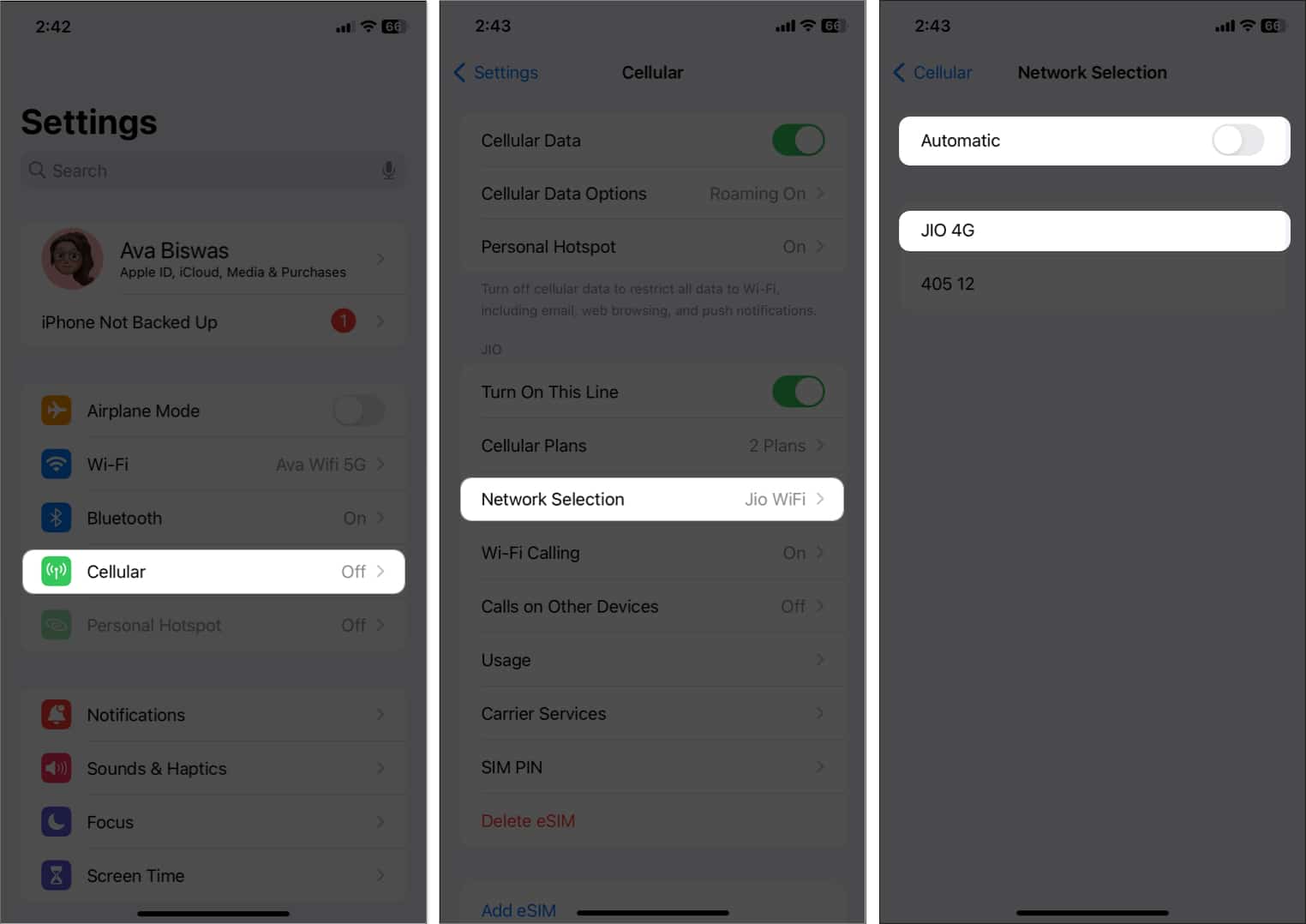 tap cellular network selection toggle off automatic select carrier in settings