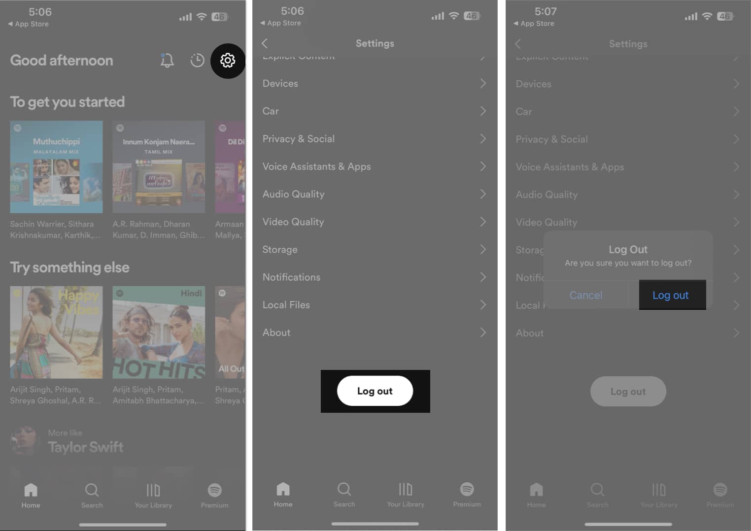 tap gear icon log out confirm in Spotify app