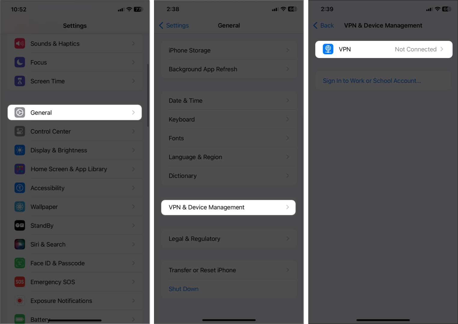 tap general vpn and device management select vpn in settings