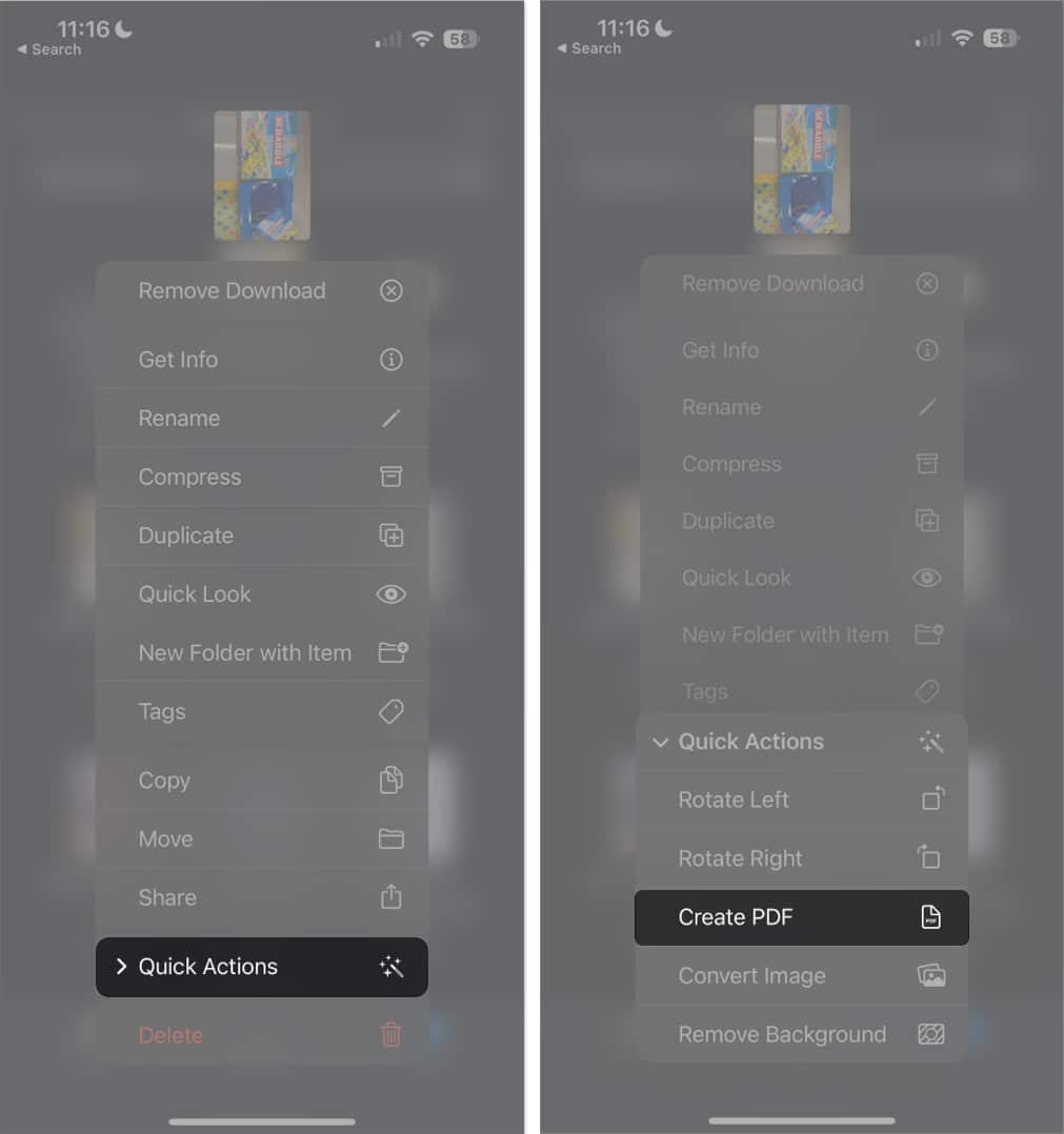 tap quick actions create pdf in files