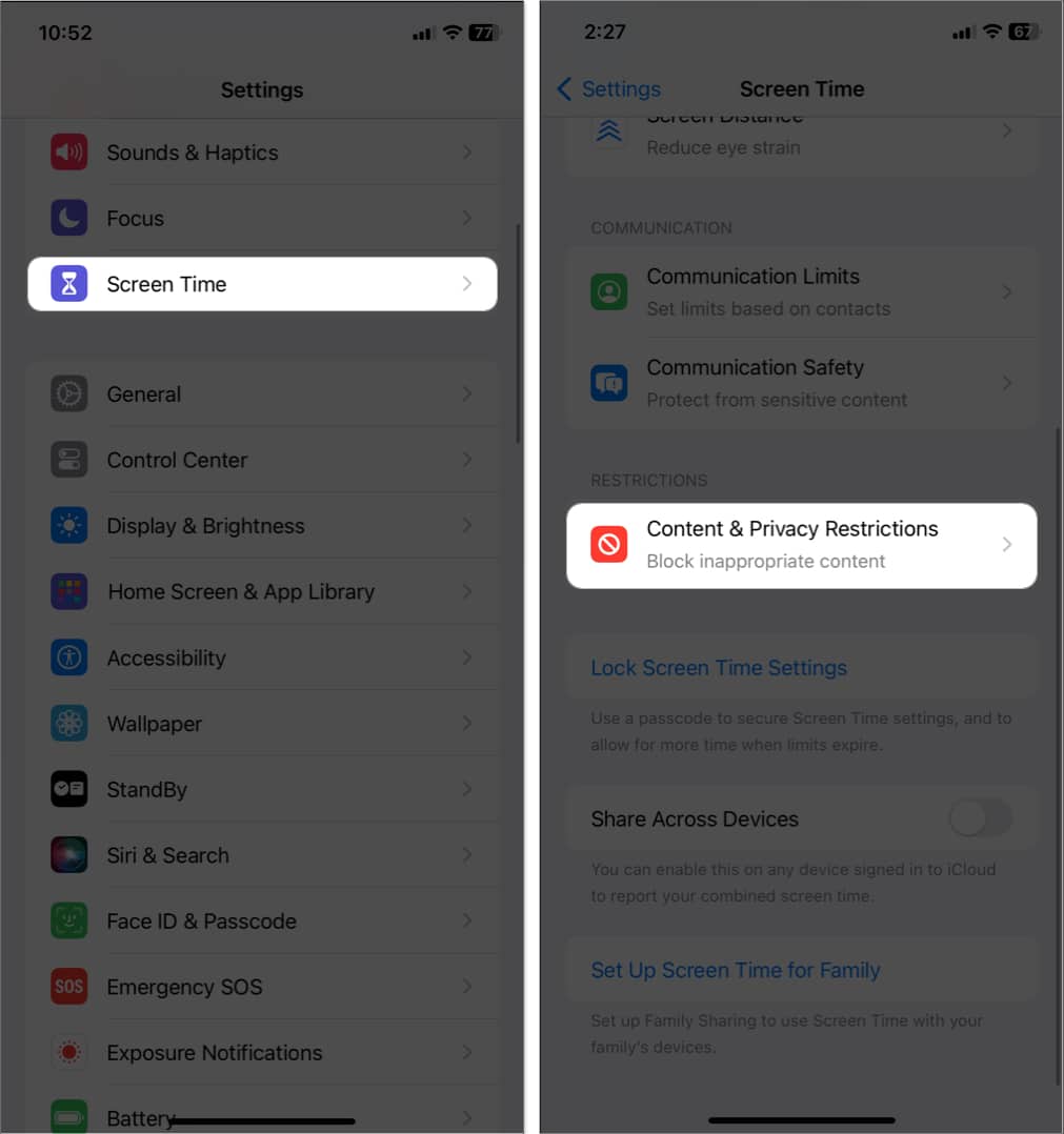 tap screen time content and privacy restrictions in settings