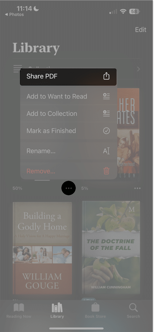 tap three dots icon select share pdf in books