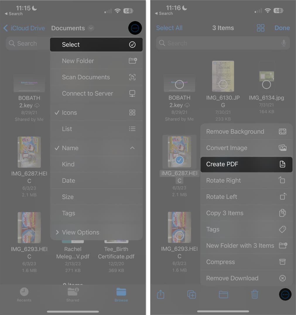 tap three dots icon tap select choose photos tap more select create pdf in files