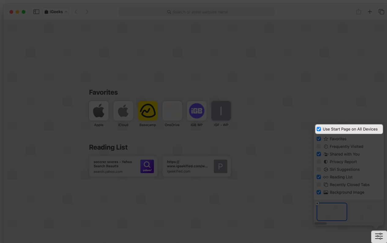 Click menu bar icon and select Start Page on all devices to sync Safari home page