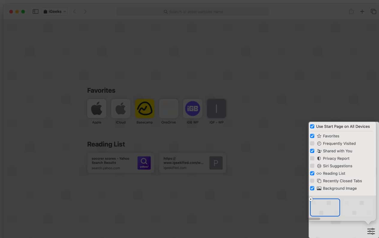 Click menu bar icon at the bottom right check and uncheck items to add to the Safari start page on mac