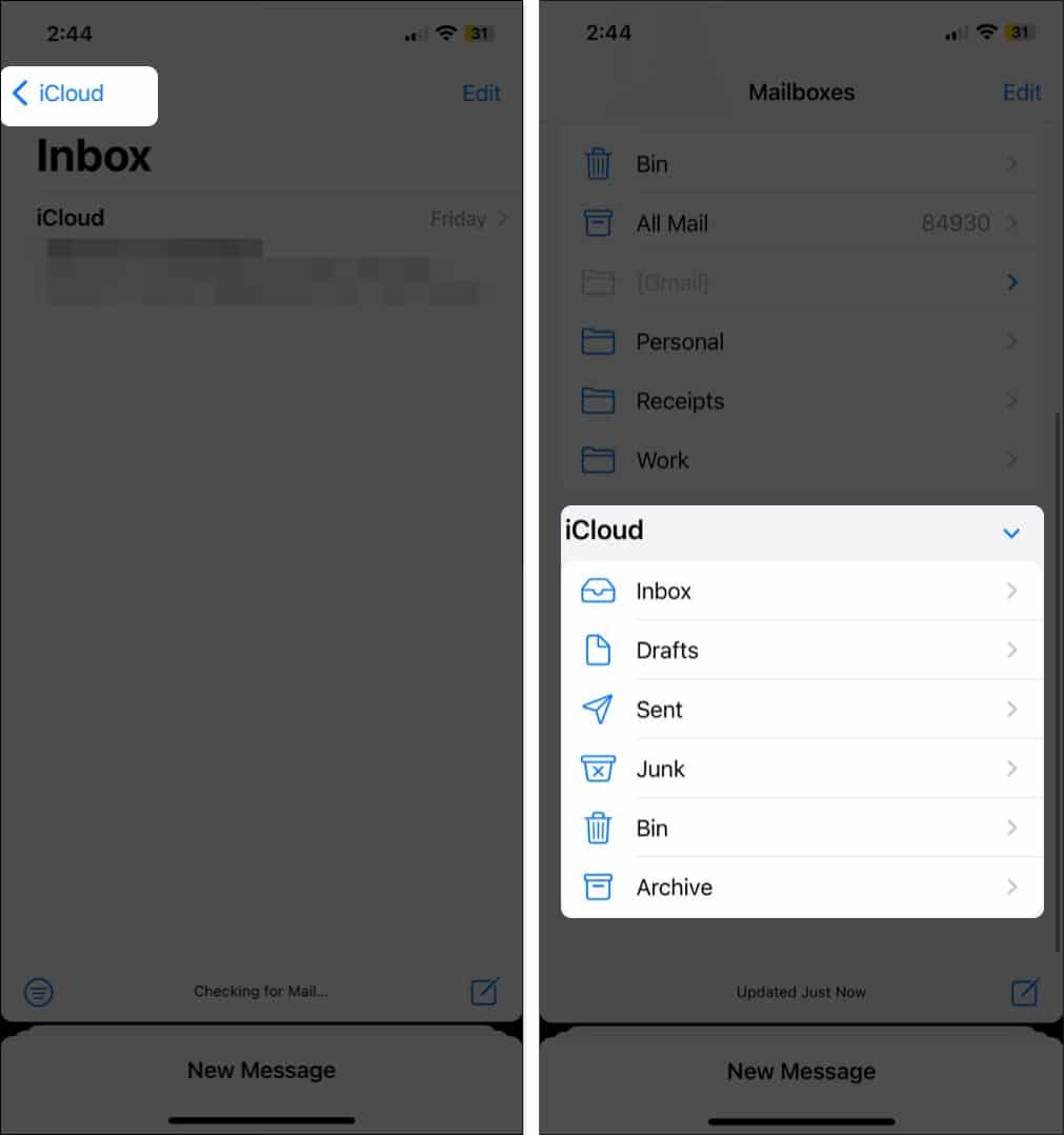 Select on the backwards arrow with iCloud and your can access iCloud mail drafts sent and trash