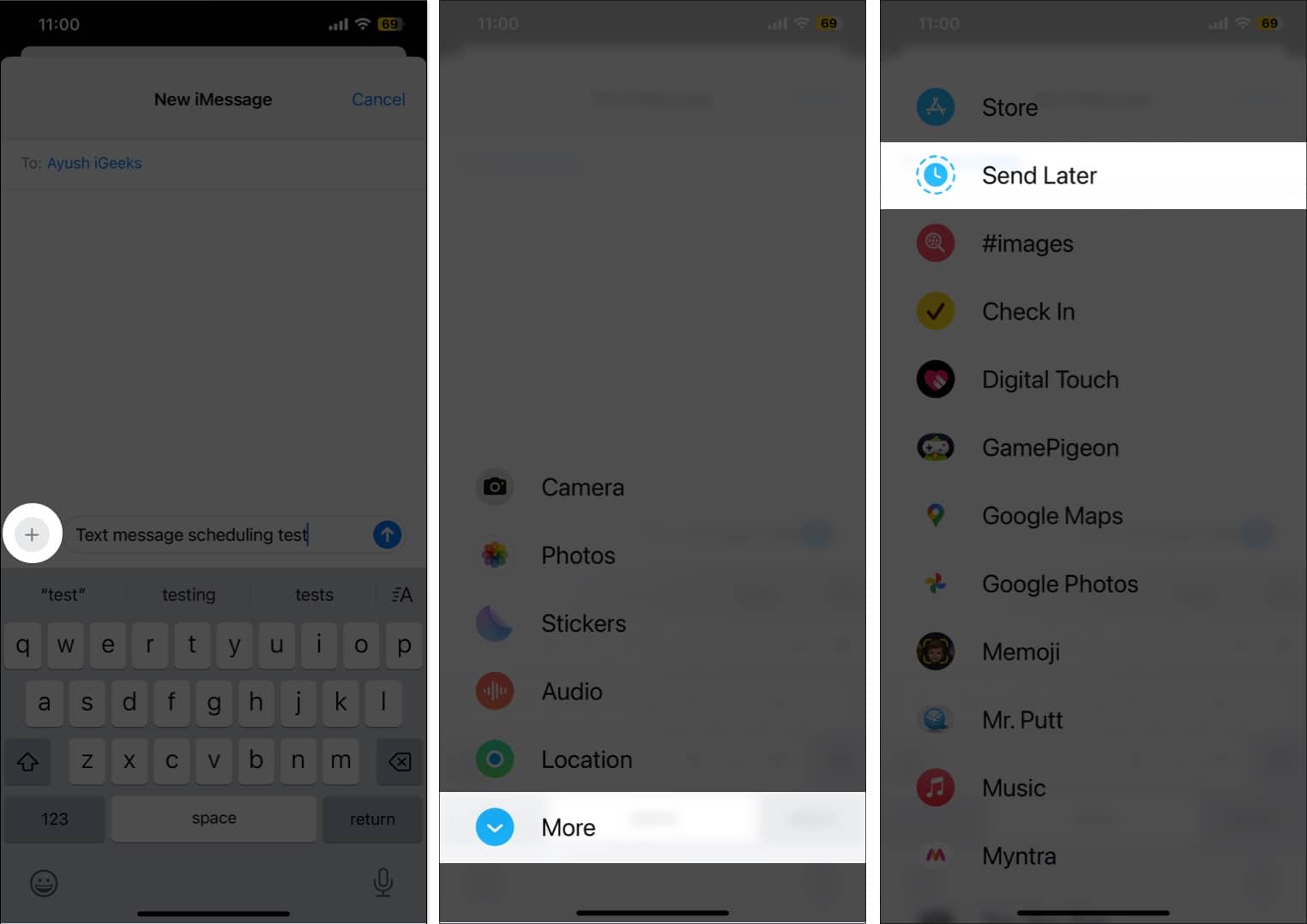 Accessing the Send Later option in the Messages app on an iPhone in iOS 18