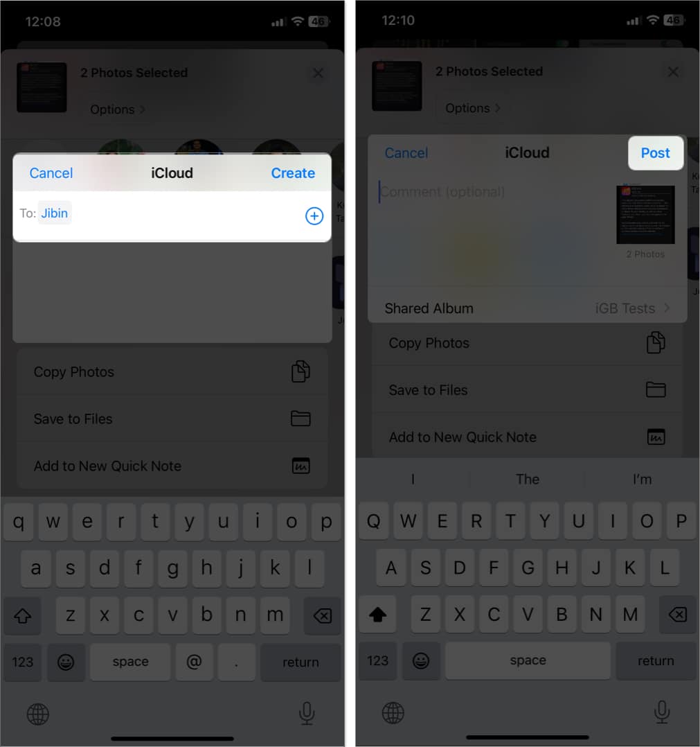 add subscribers tap post to create shared album