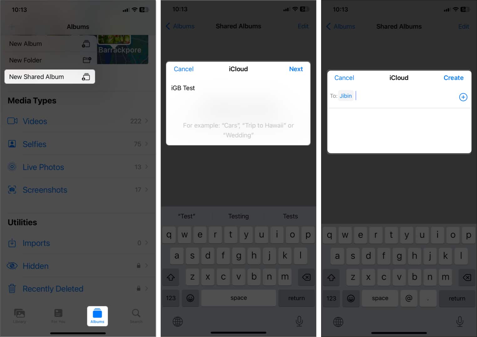 go to albums click plus icon new shared album enter album name next select contact tap create in photos
