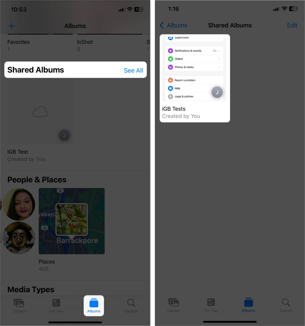 go to albums tap see all beside shared albums find and access albums in photos