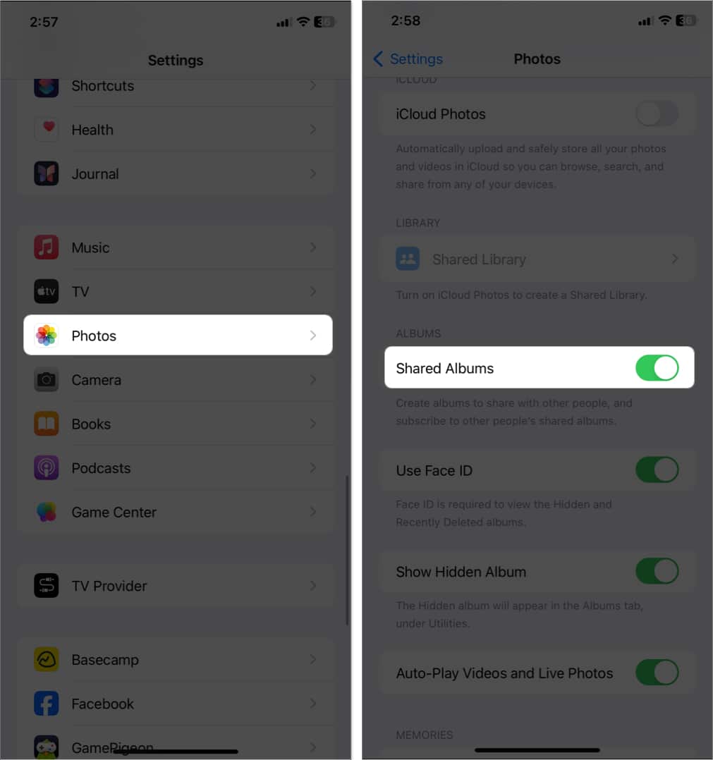 go to photos toggle on shared albums in settings