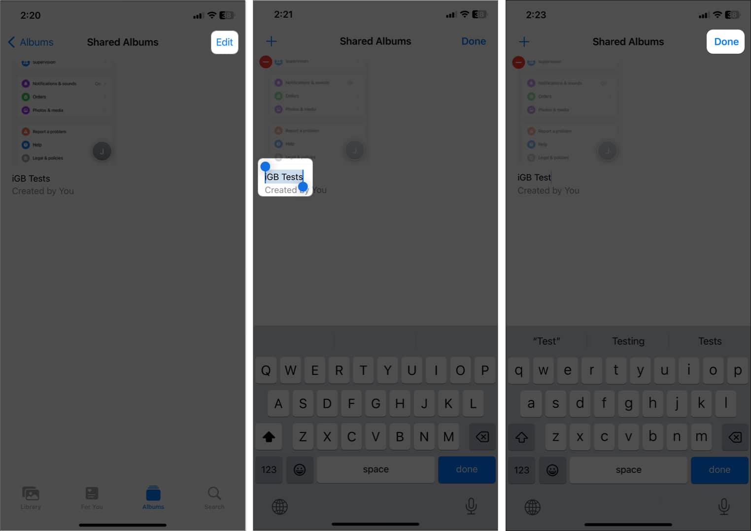 tap edit rename album done in shared album