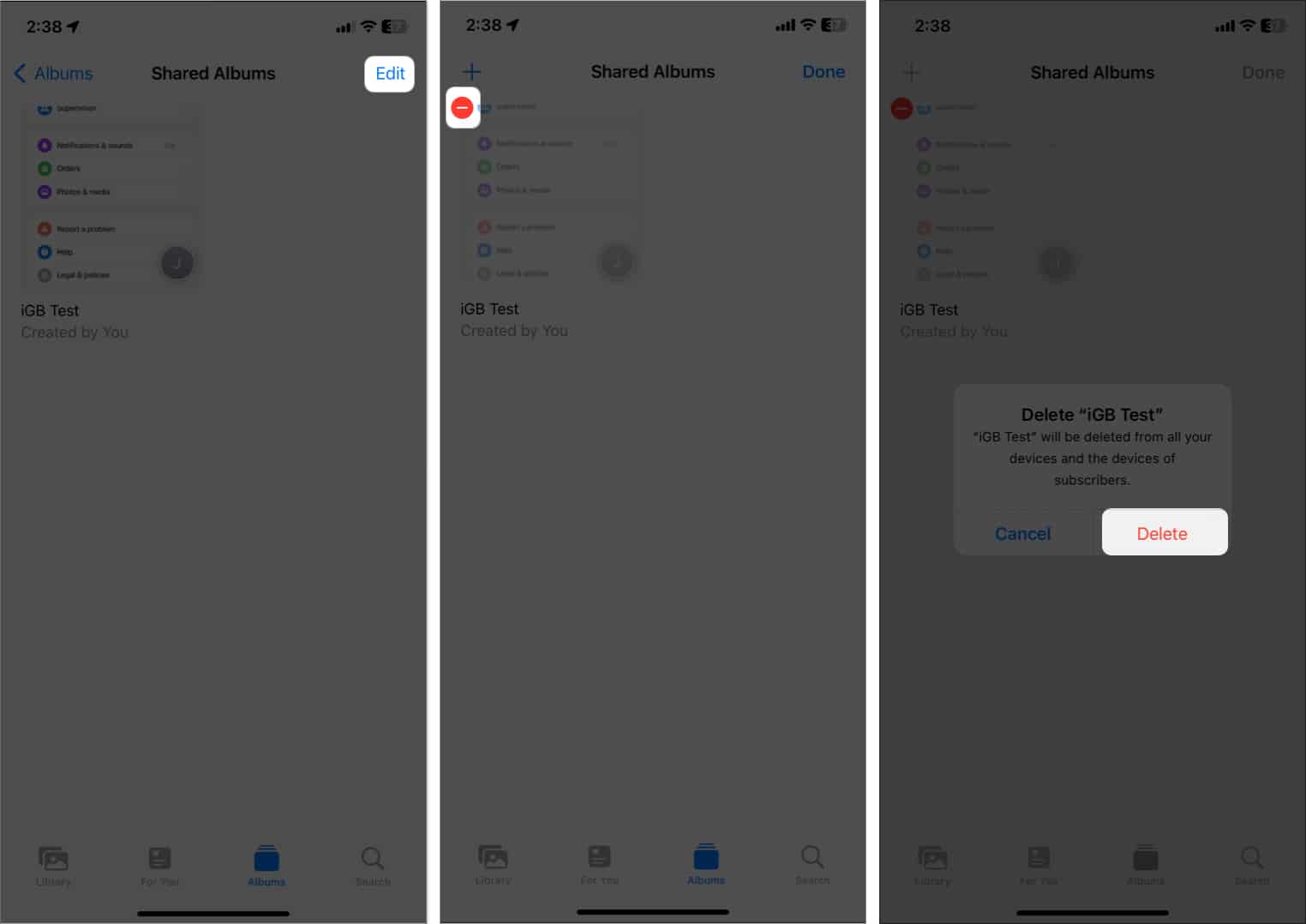 tap edit minus icon delete in shared album