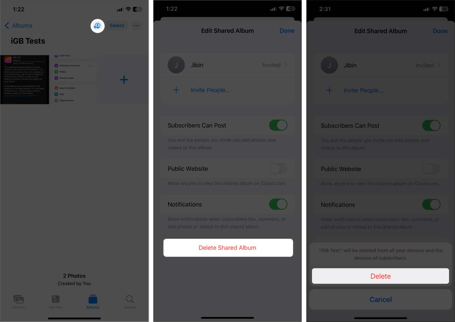 tap people icon delete shared album delete in photos