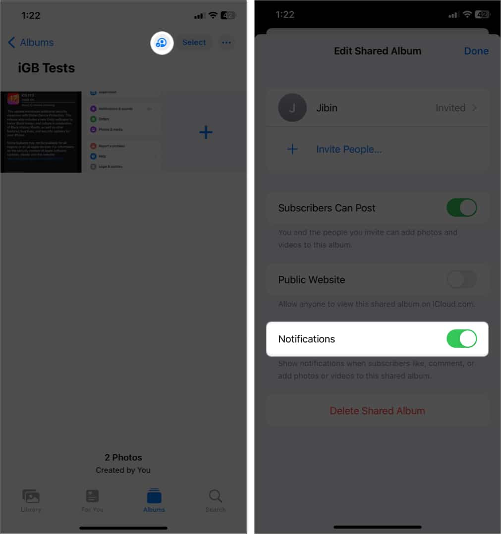 tap people icon toggle off notification in shared album