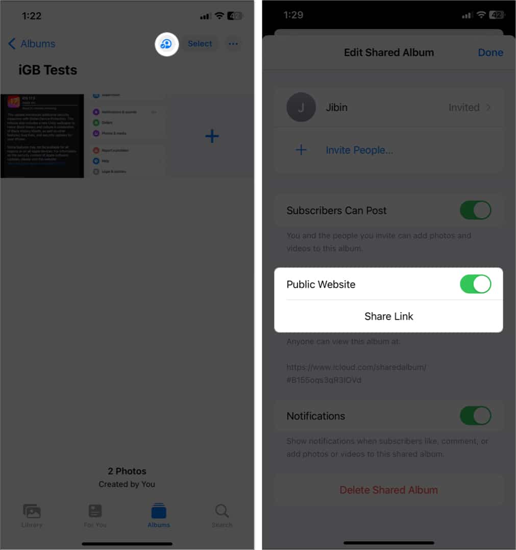 tap people icon toggle on public website tap share link in shared album