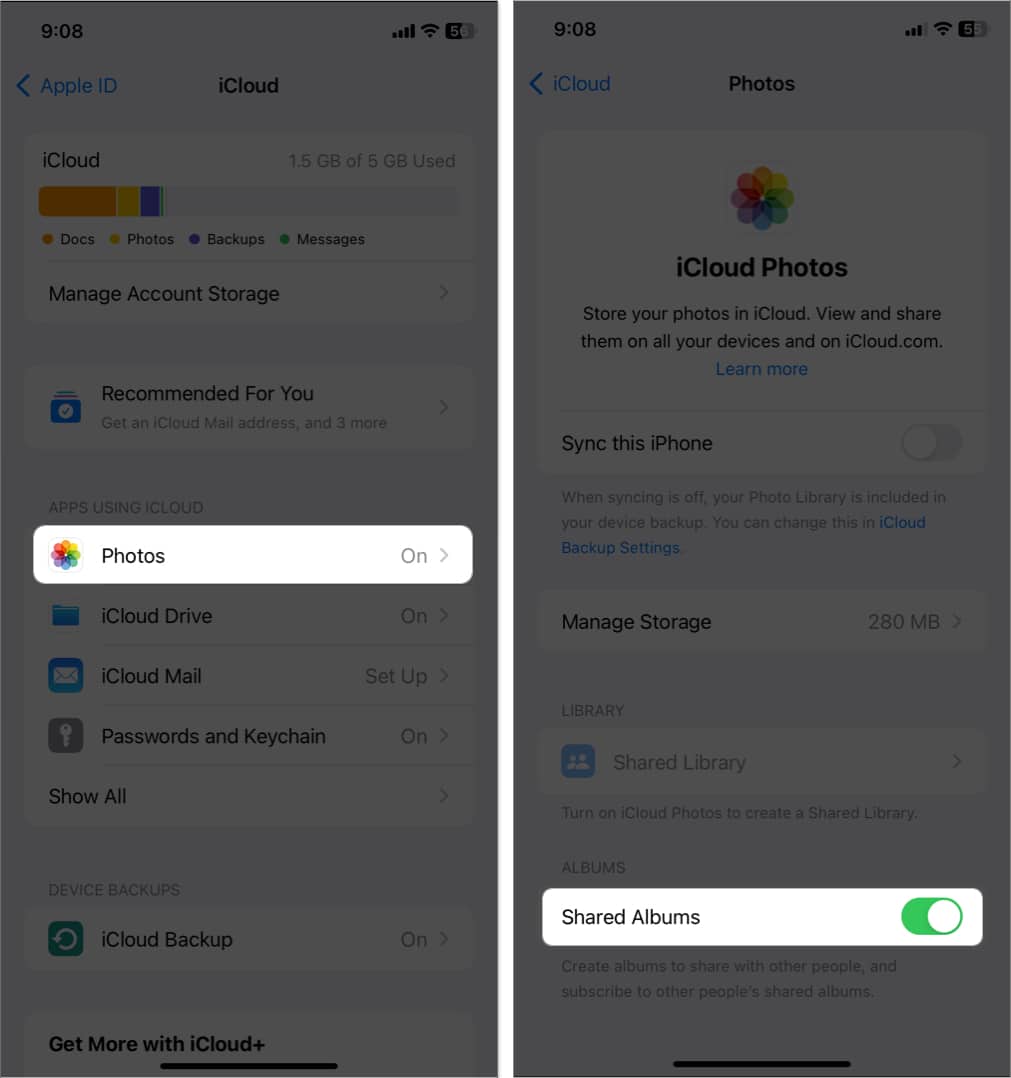 tap photos toggle on shared albums in icloud settings