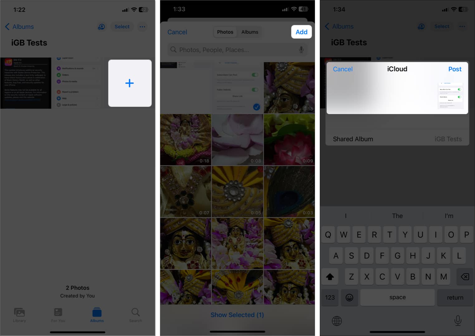 tap plus icon select photos add post in shared album