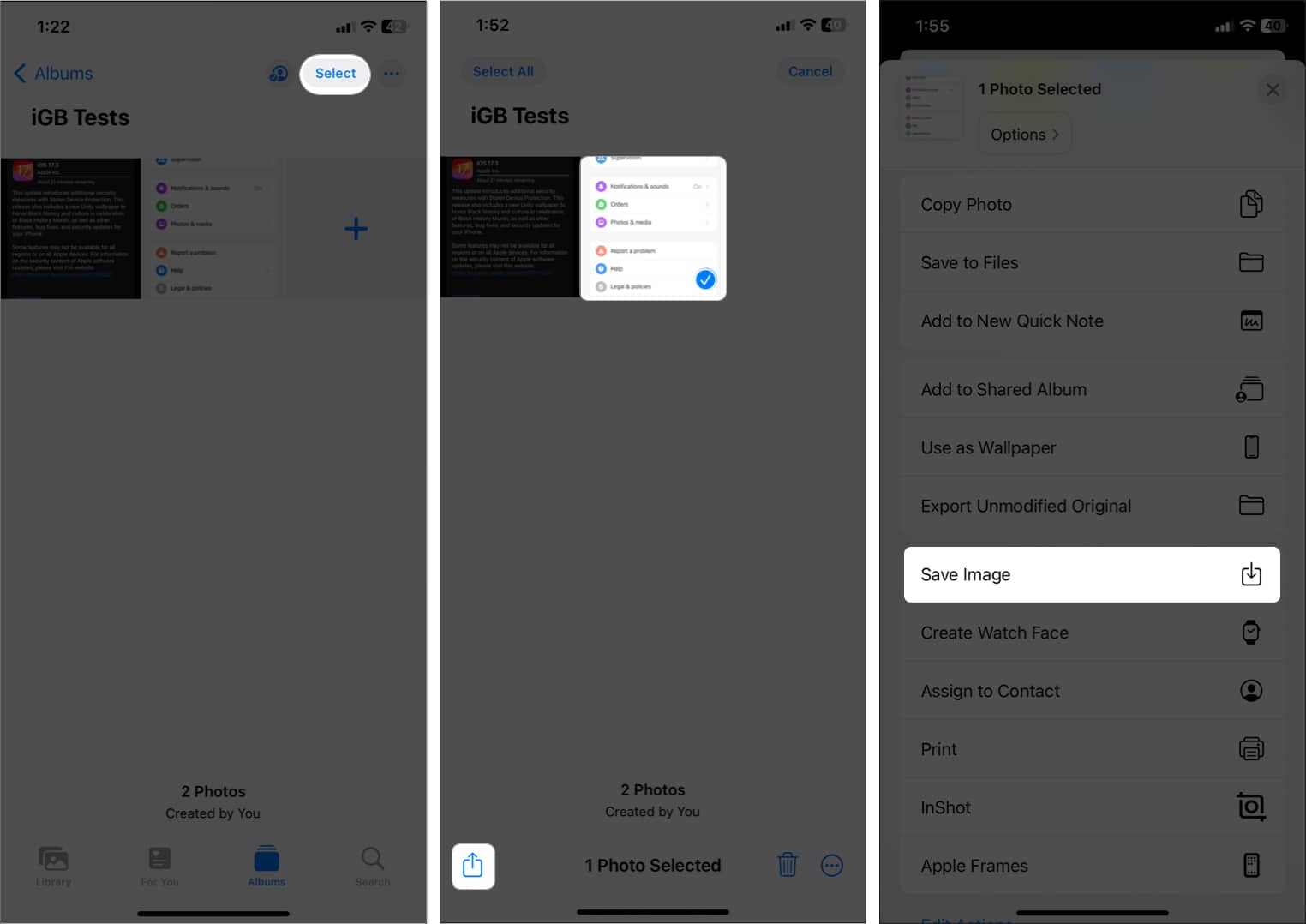 tap select choose photo tap share save image in shared album
