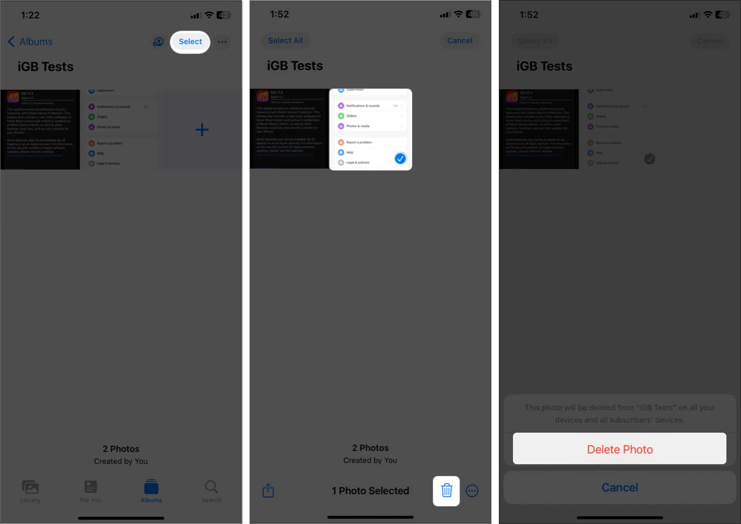 tap select choose photos tap bin icon delete photo in shared album