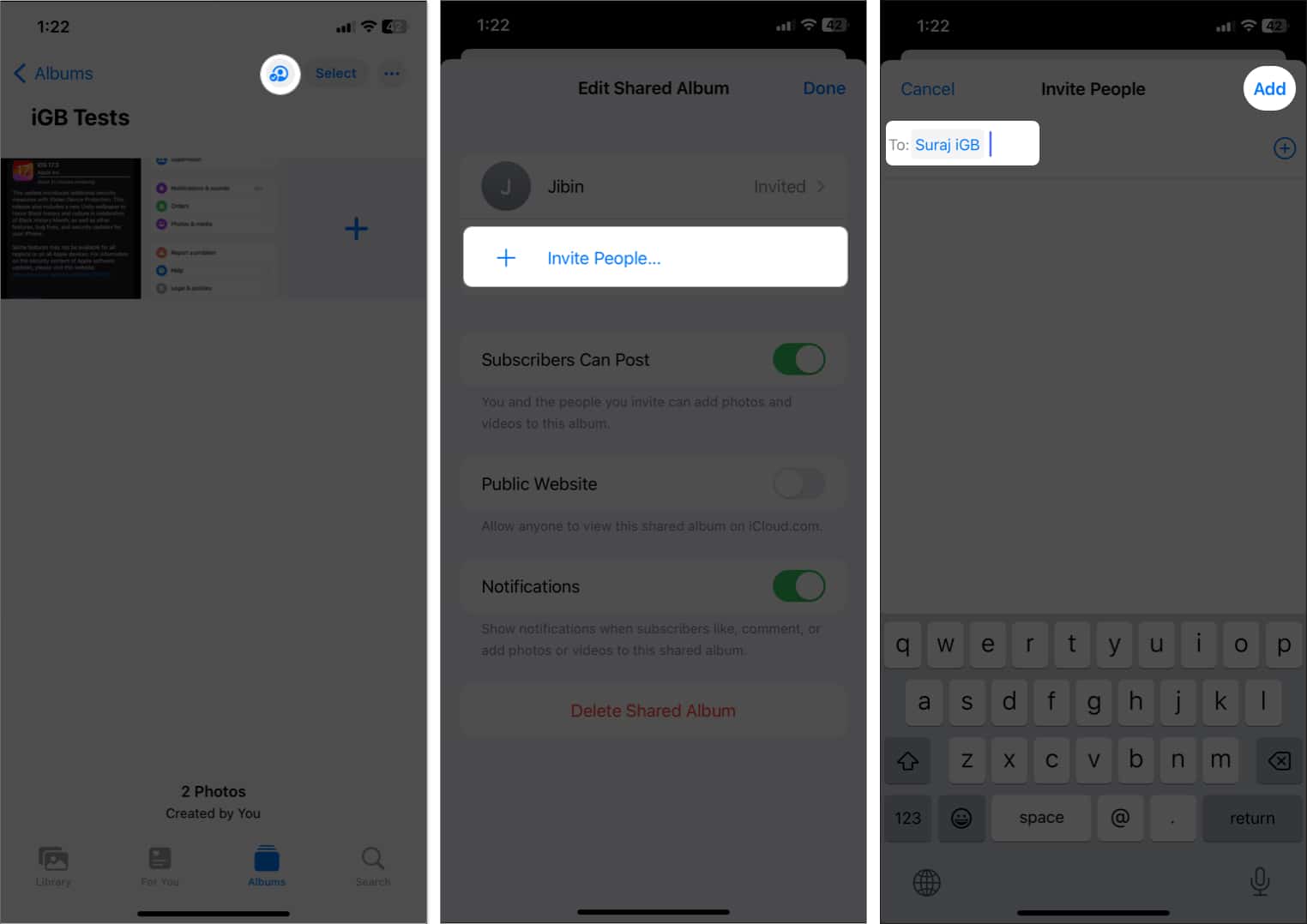 tap the participant icon invite people add contact tap add in shared album