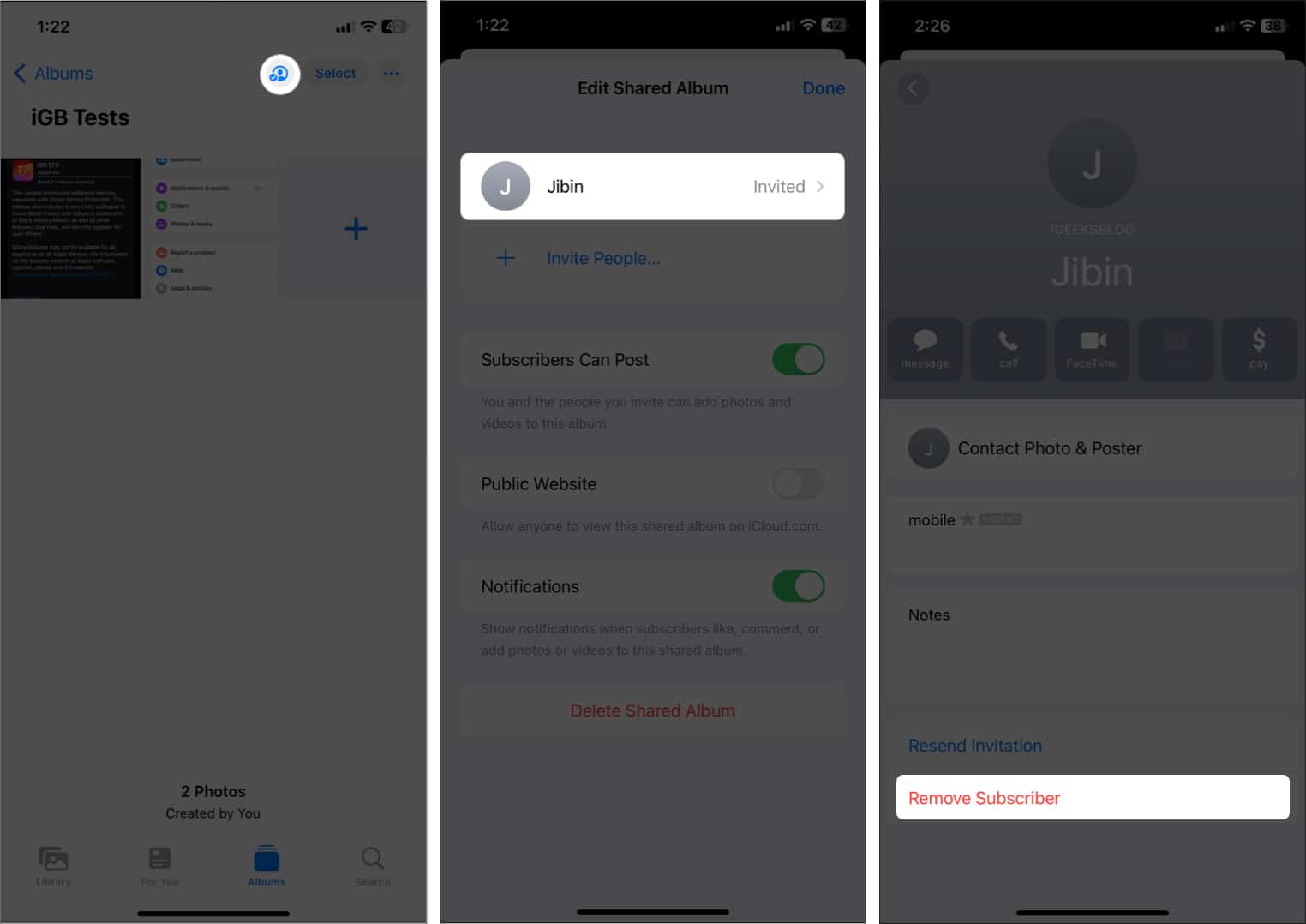 tap the people icon select member tap remove subscriber in shared albums