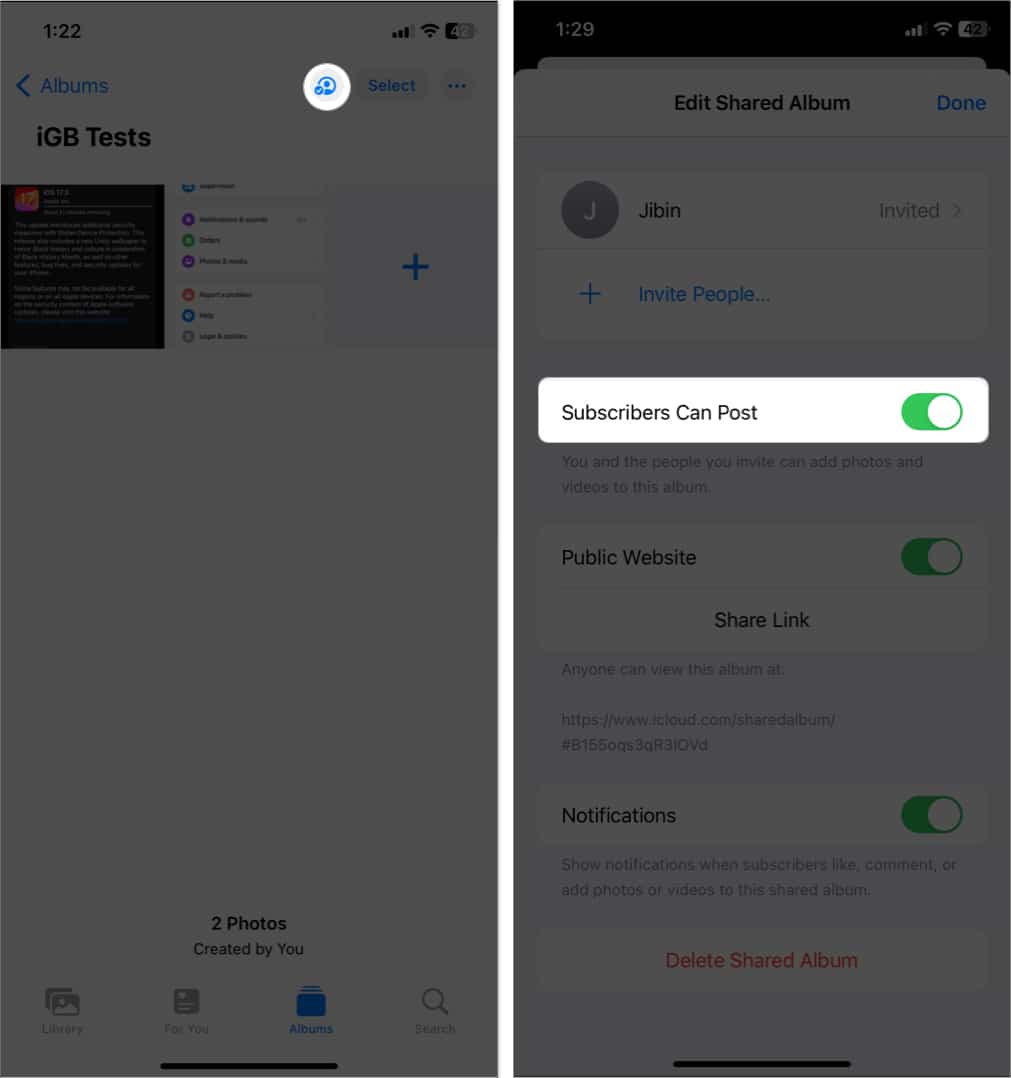 tap the people icon toggle on subscribers can post in shared album