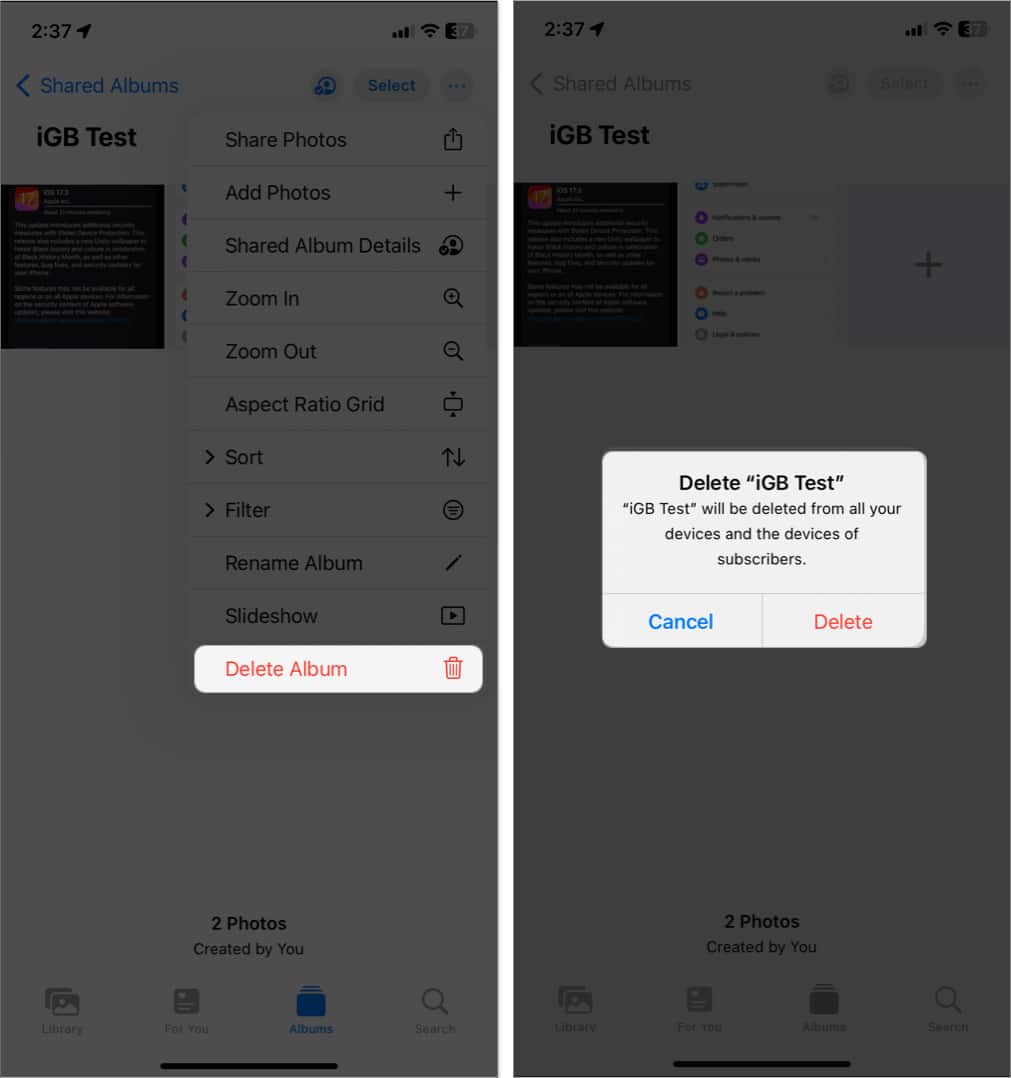 tap three dots icon delete album delete in shared album
