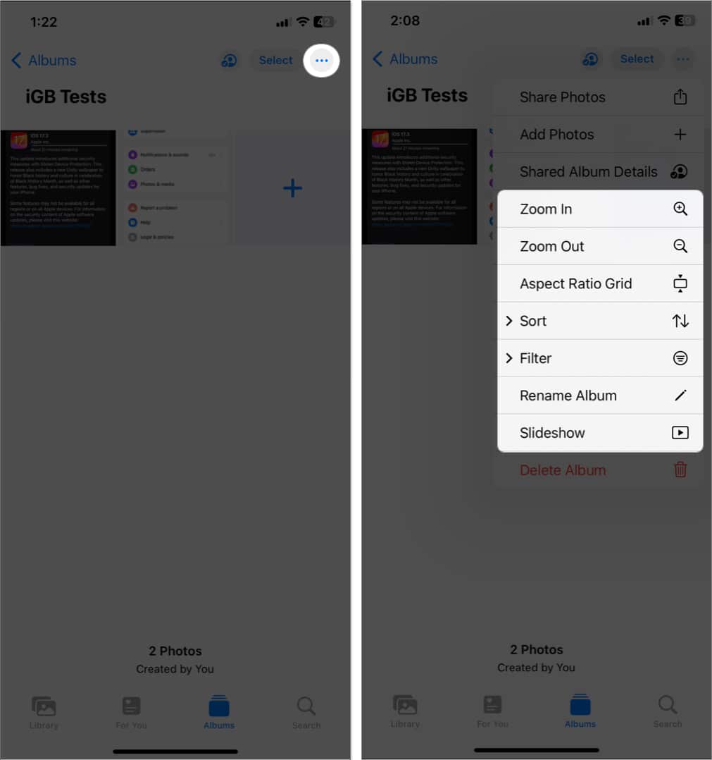 tap three dots icon manage viewing options in shared album