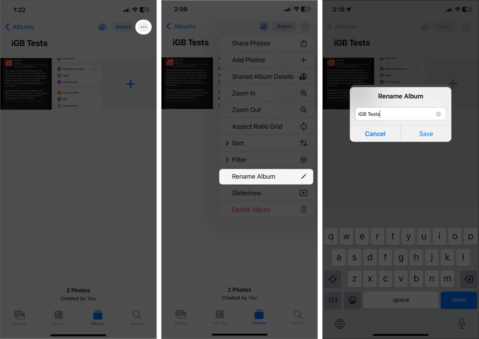 tap three dots rename album type a name tap save in shared album