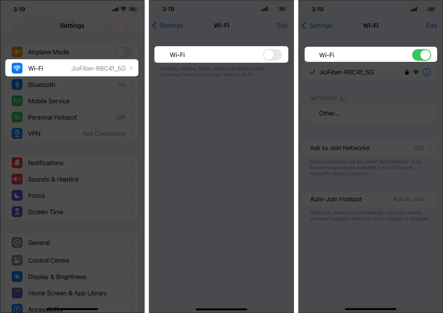 Toggle Wi Fi off and on again on iPhone