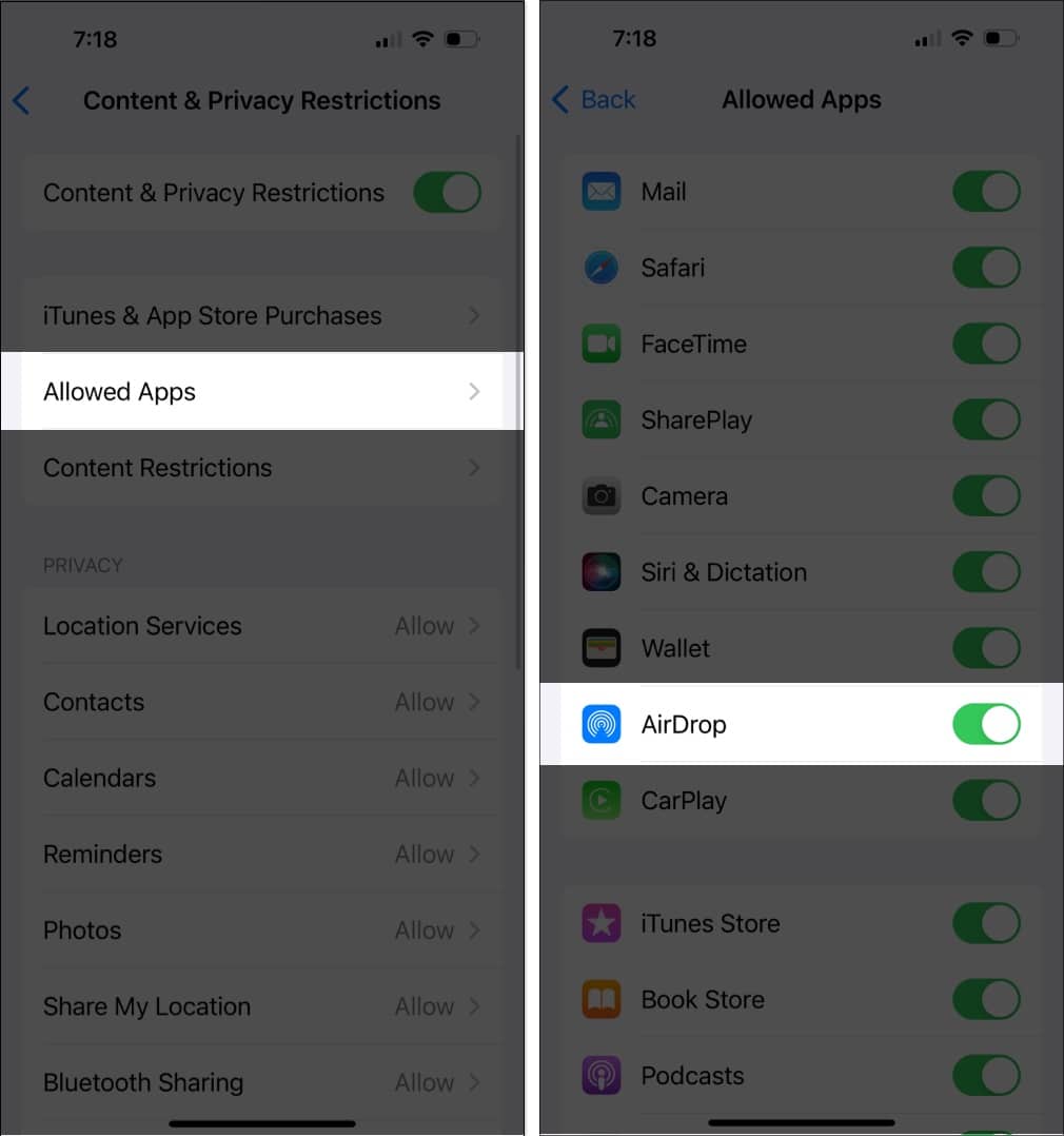 Toggle on AirDrop in Allowed Apps in Screen Time