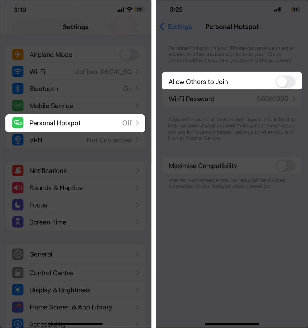 Turn off personal Hotspot on iPhone