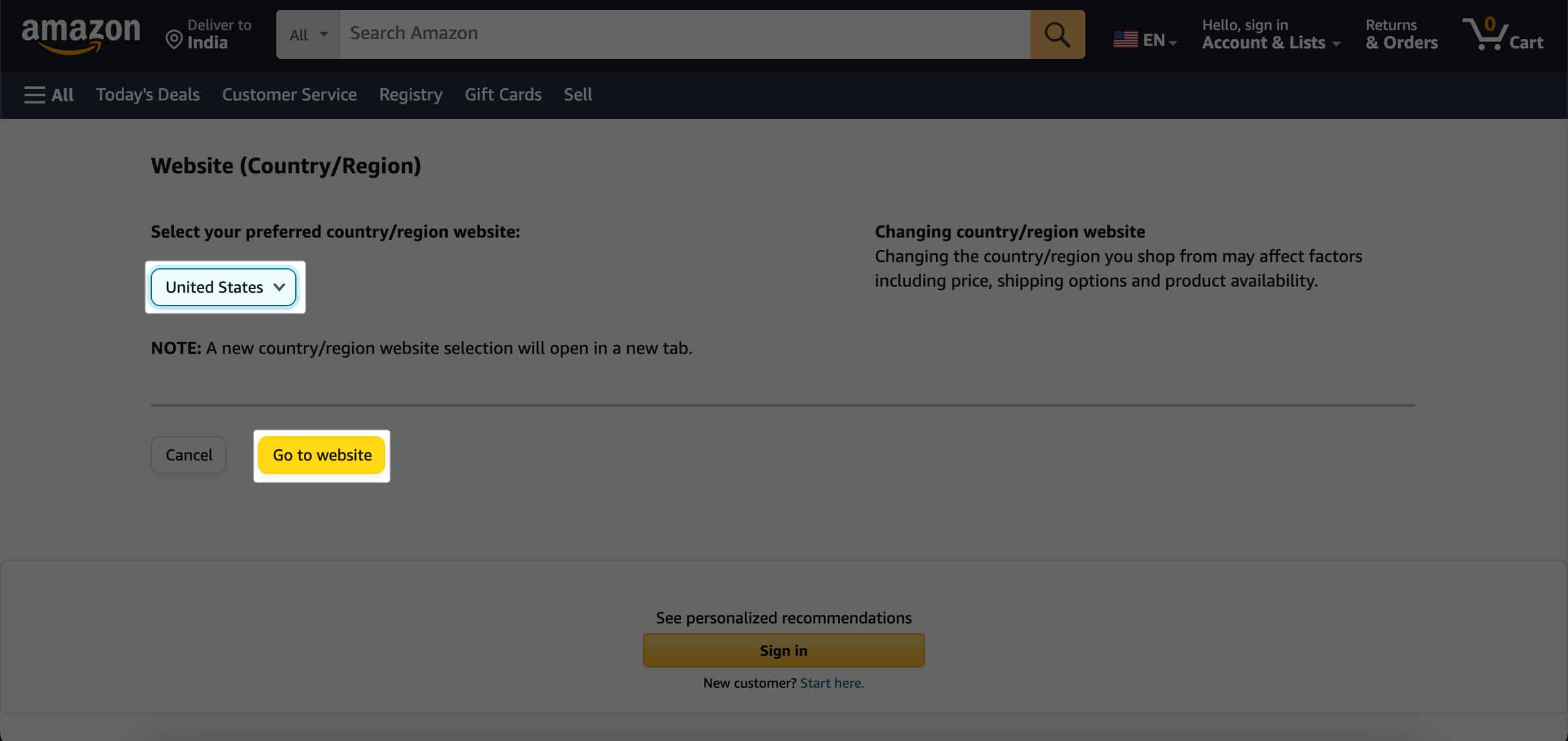 Select new country from drop down list then select Go to website to change amazon country