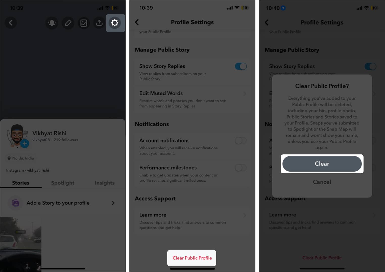 Tap Settings gare icon select clear public profile tap clear