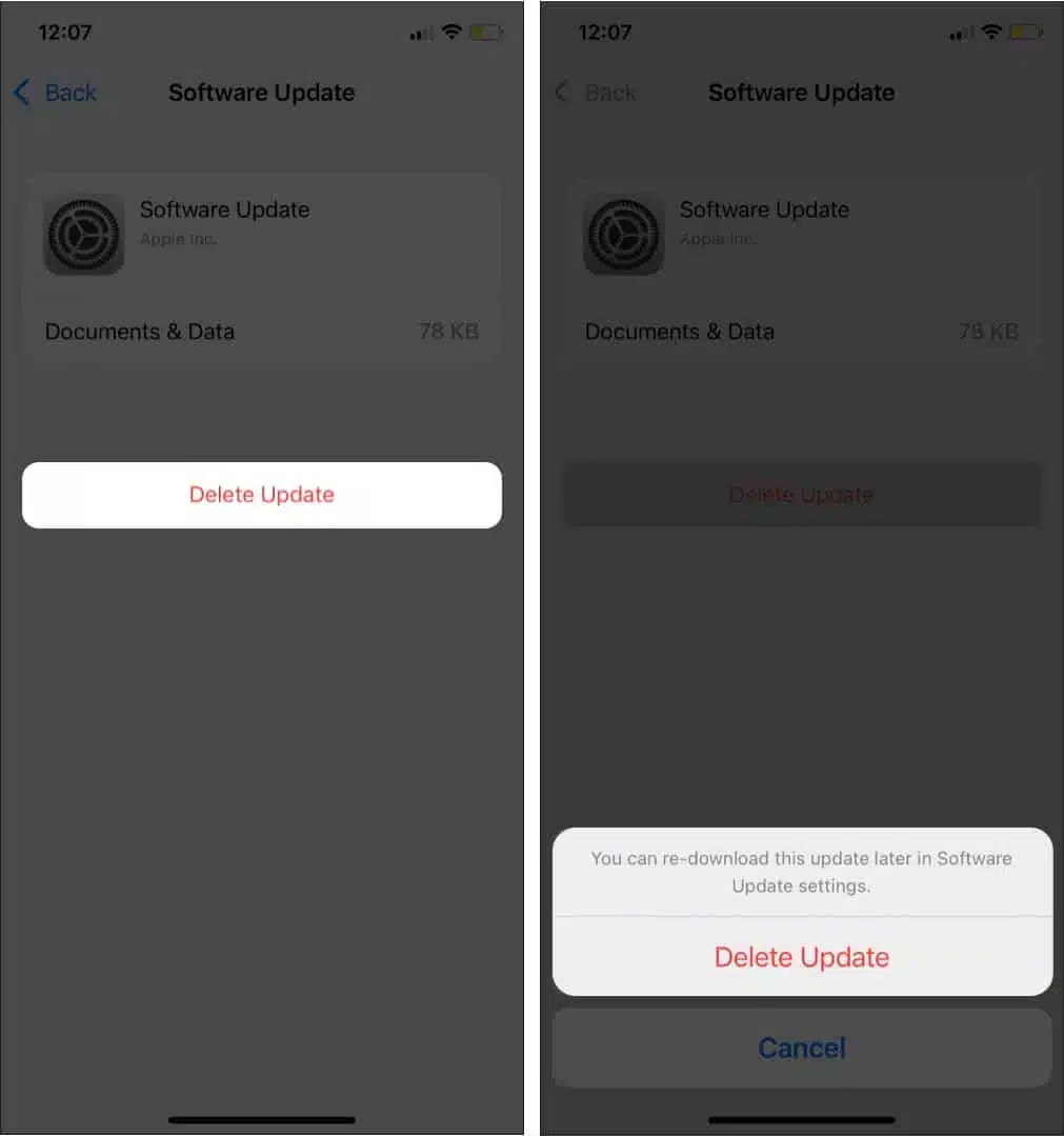 Tryck på Radera -uppdateringen för att ta bort iOS från iPhone