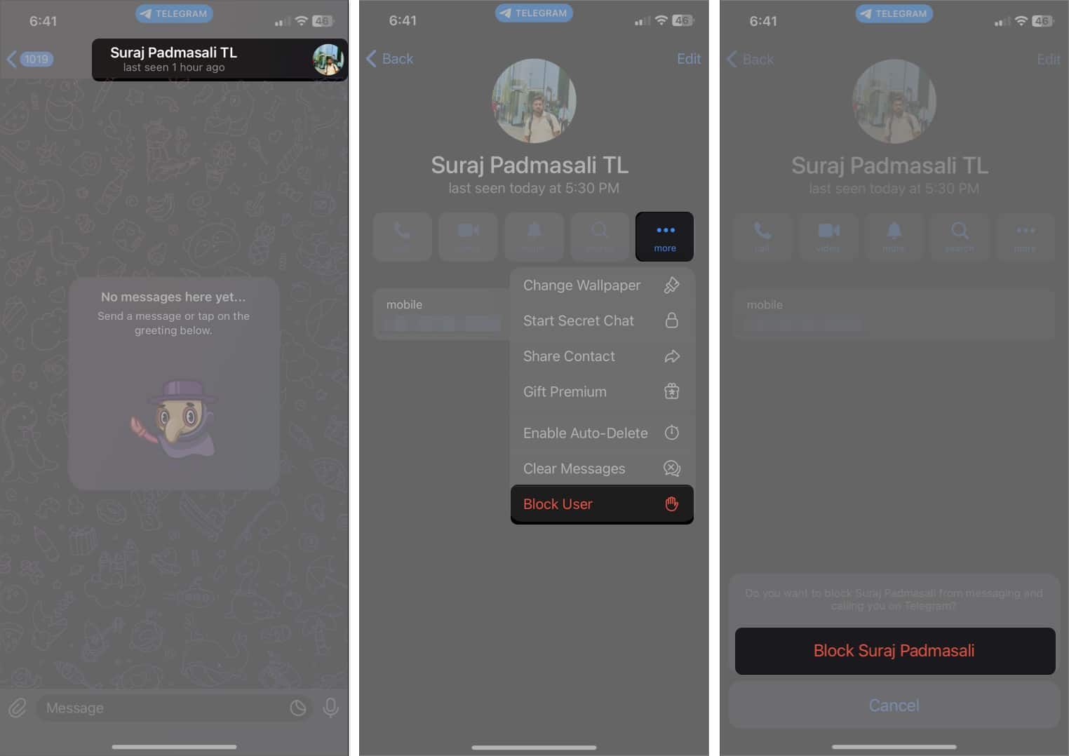 Tap on contact name three dots icon select block user tap block
