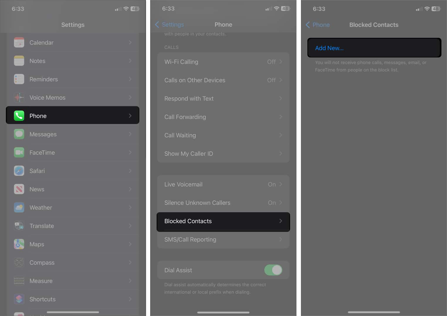 Tap phone select blocked contacts tap Add new