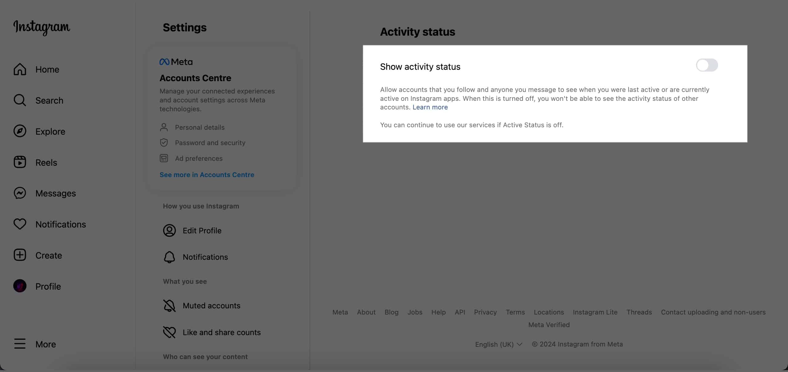 Toggle off Show activity status
