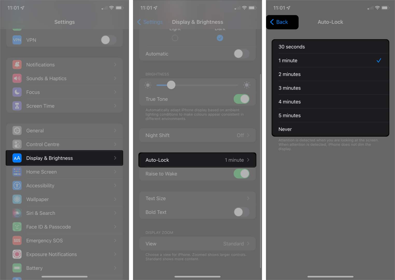 Auto Lock setting options in the iPhone Settings app