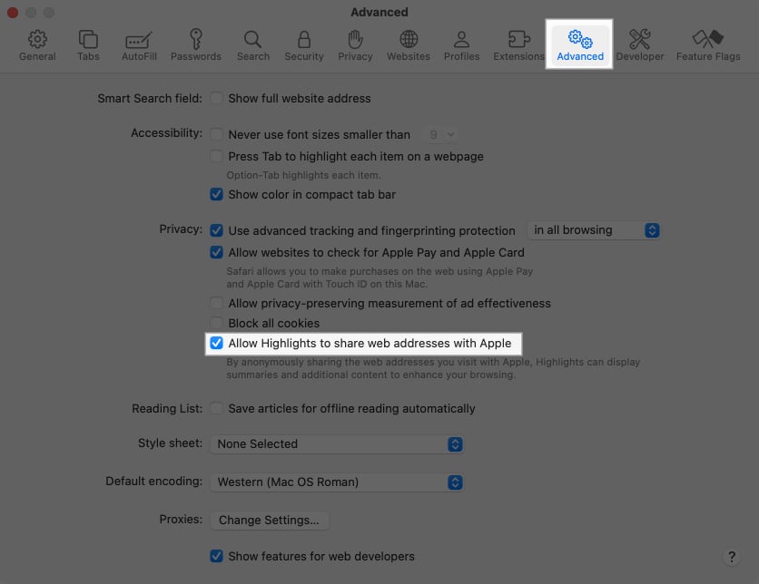 Select Advance in Safari Settings tick Allow Highlights to share web addresses with Apple to enable Safari Highlights